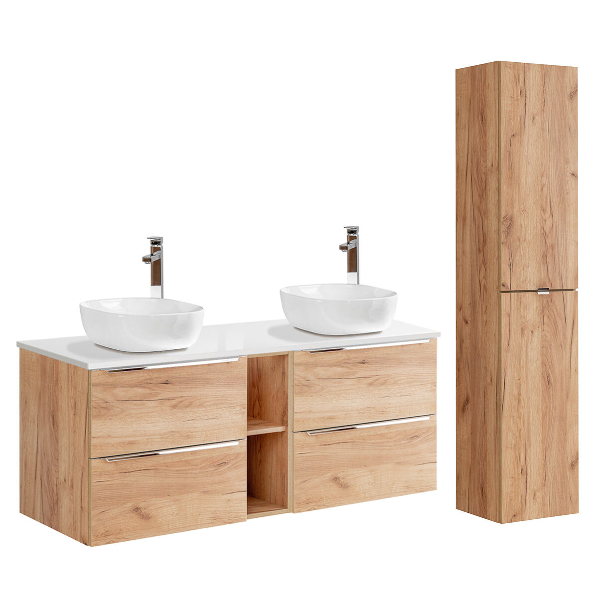 Conjunto mueble lavabo doble 2 nichos y columna April 140 Natural/ Blanco