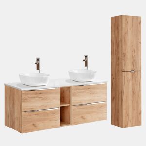 Conjunto móvel lavatório duplo 140cm 2 nichos e coluna April Madeira e Branco