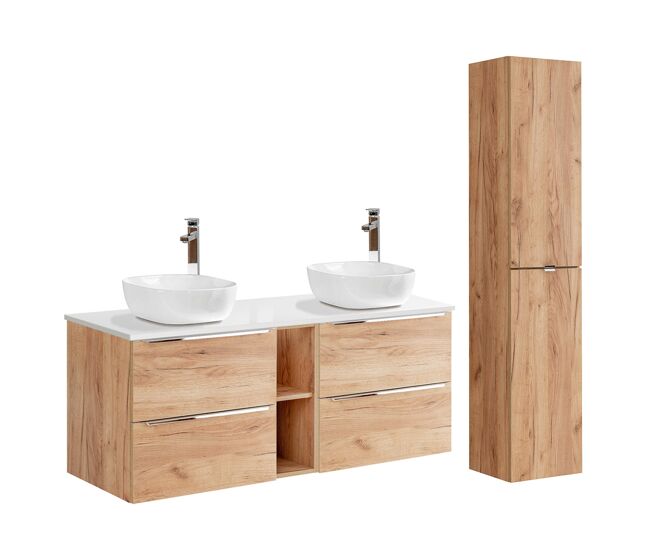 Conjunto mueble lavabo doble 140cm 2 nichos y columna april madera y blanco