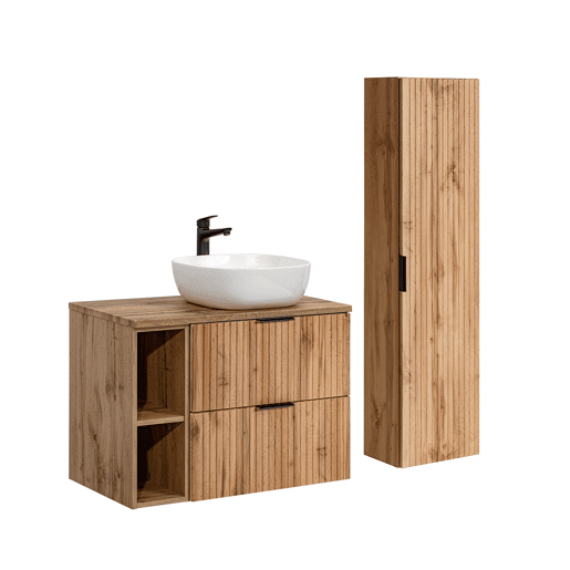 Móvel de lavatório simples 80cm 2 nichos e pedestal Adriel Madeira