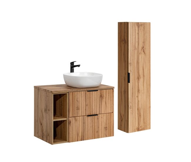 Conjunto mueble lavabo individual 80cm 2 nichos y columna adriel madera