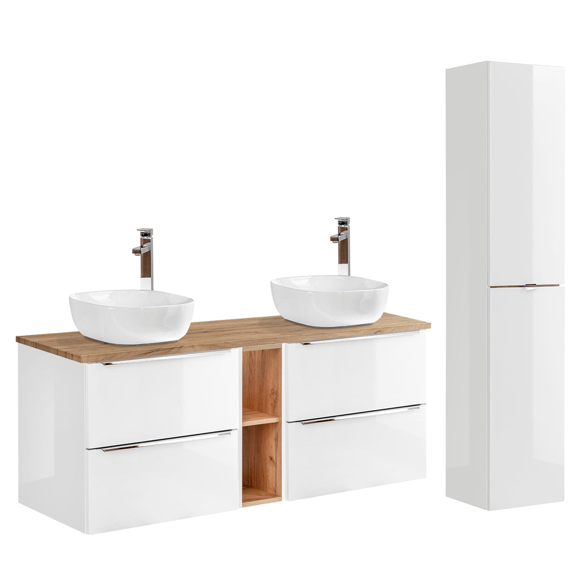 Conjunto mueble lavabo doble 2 nichos y columna April 140 Blanco