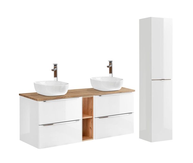 Conjunto mueble lavabo doble 140cm 2 nichos y columna april blanco y madera