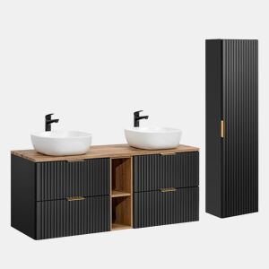 Móvel de lavatório duplo 140cm 2 nichos e coluna Adriel Preto e Madeira