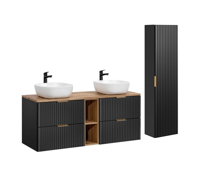 Conjunto mueble lavabo doble 140cm 2 nichos y columna adriel negro y madera