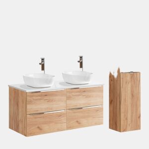 Conjunto móvel lavatório duplo 120cm e coluna April Madeira e Branco