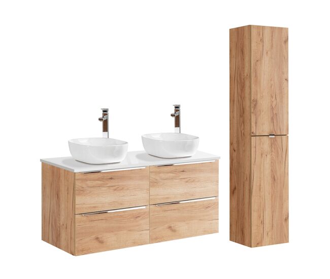 Conjunto mueble lavabo doble 120cm y columna april madera y blanco