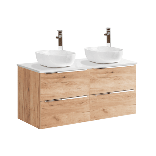 Conjunto móvel lavatório duplo 120cm e coluna April Madeira e Branco