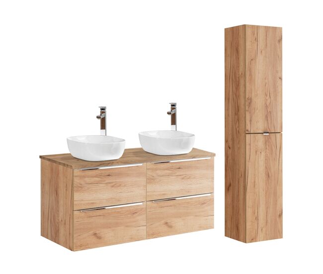 Conjunto mueble lavabo doble 120cm y columna april madera
