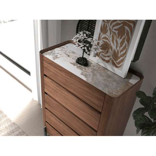 ANGEL CERDA Chiffonier em nogueira e aço escuro metalizado com tampo em mármore porcelânico