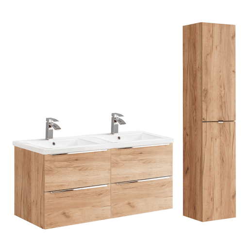 Conjunto móvel lavatório duplo embutido 120cm e coluna April Madeira
