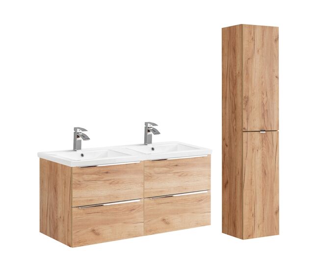 Conjunto mueble lavabo doble encastrado 120cm y columna april madera