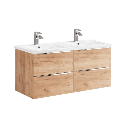 Conjunto móvel lavatório duplo embutido 120cm e coluna April Madeira