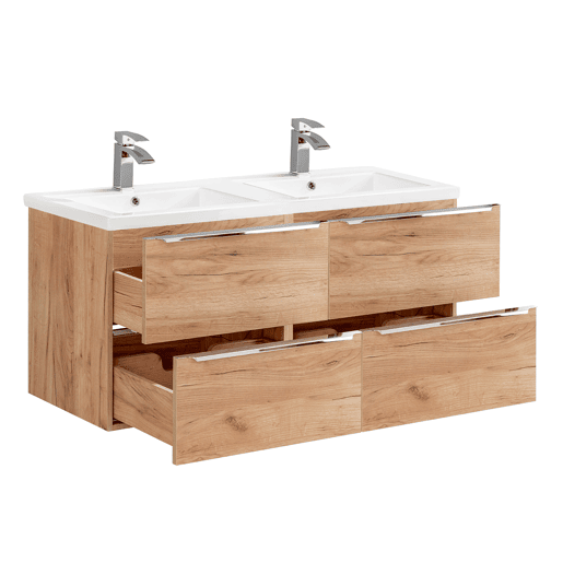 Conjunto móvel lavatório duplo embutido 120cm e coluna April Madeira