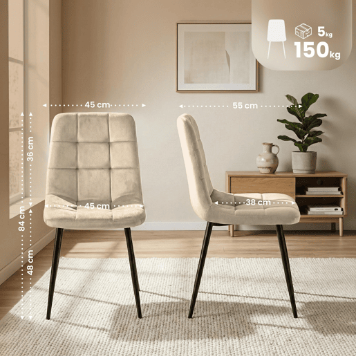 Juego de 4 sillas de comedor Antibes Terciopelo Blanco crema 55X45X84 cm
