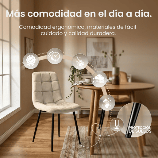 Juego de 4 sillas de comedor Antibes Terciopelo Blanco crema 55X45X84 cm