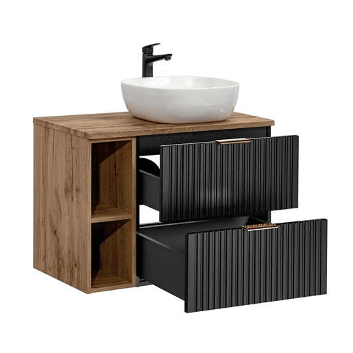 Móvel de lavatório simples 80cm 2 nichos e pedestal Adriel Preto e Madeira