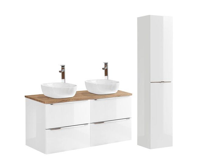 Conjunto mueble lavabo doble 120cm y columna april blanco y madera