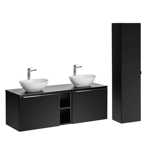 Conjunto móvel lavatório duplo 140cm 2 nichos e coluna Eros Preto