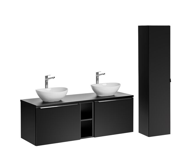 Conjunto mueble lavabo doble 140cm 2 nichos y columna éros negro
