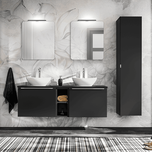 Conjunto móvel lavatório duplo 140cm 2 nichos e coluna Eros Preto