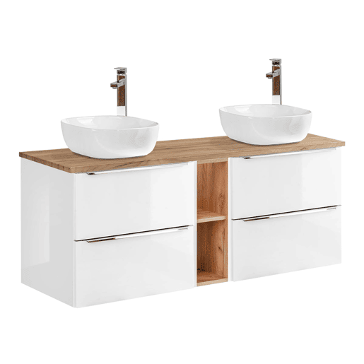 Móvel lavatório duplo 140cm 2 nichos Abril Branco e Madeira Móvel lavatório duplo 140cm 2 nichos Abril Branco e Madeira