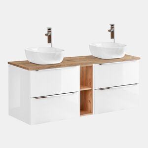 Móvel lavatório duplo 140cm 2 nichos Abril Branco e Madeira