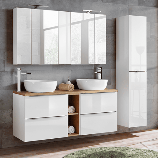 Móvel lavatório duplo 140cm 2 nichos Abril Branco e Madeira Móvel lavatório duplo 140cm 2 nichos Abril Branco e Madeira