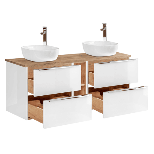 Móvel lavatório duplo 140cm 2 nichos Abril Branco e Madeira Móvel lavatório duplo 140cm 2 nichos Abril Branco e Madeira