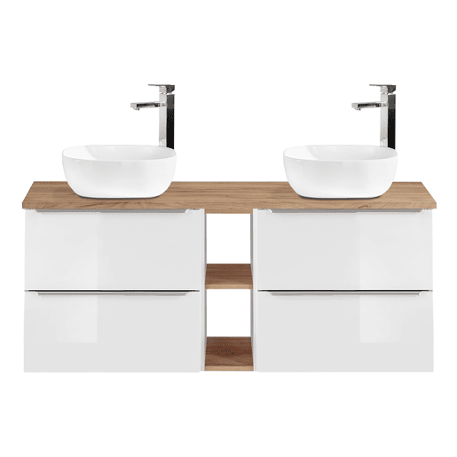 Móvel lavatório duplo 140cm 2 nichos Abril Branco e Madeira Móvel lavatório duplo 140cm 2 nichos Abril Branco e Madeira