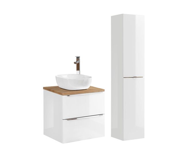 Conjunto mueble lavabo individual y columna 60cm april blanco y madera