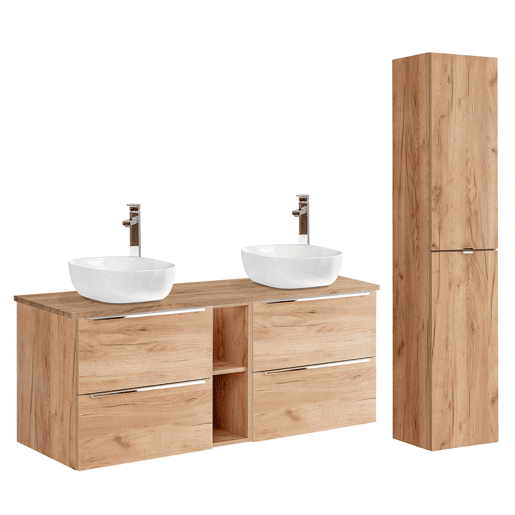 Conjunto móvel lavatório duplo 140cm 2 nichos e coluna April Madeira