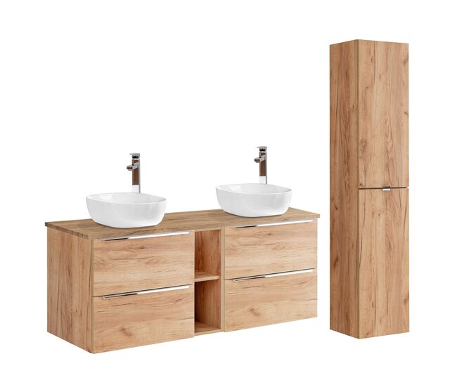 Conjunto mueble lavabo doble 140cm 2 nichos y columna april madera