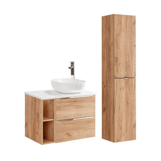 Conjunto móvel lavatório simples 80cm 2 nichos e coluna April Madeira e Branco Conjunto móvel lavatório simples 80cm 2 nichos e coluna April Madeira e Branco