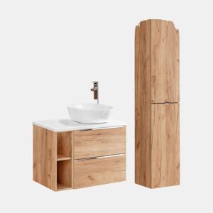Conjunto móvel lavatório simples 80cm 2 nichos e coluna April Madeira e Branco