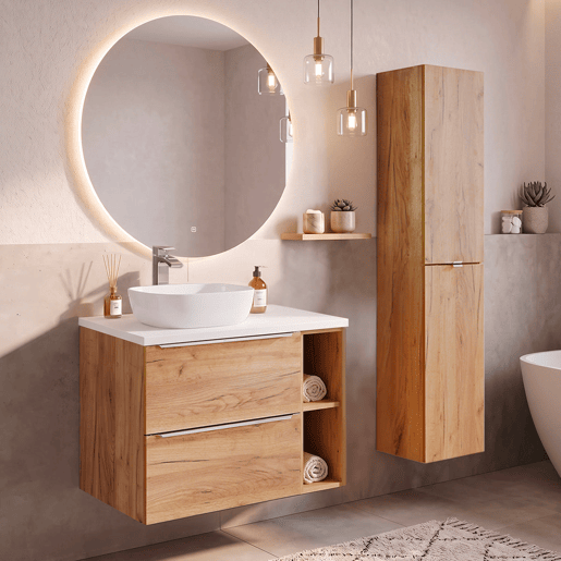 Conjunto móvel lavatório simples 80cm 2 nichos e coluna April Madeira e Branco Conjunto móvel lavatório simples 80cm 2 nichos e coluna April Madeira e Branco