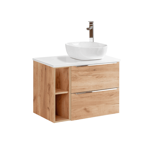 Conjunto móvel lavatório simples 80cm 2 nichos e coluna April Madeira e Branco Conjunto móvel lavatório simples 80cm 2 nichos e coluna April Madeira e Branco
