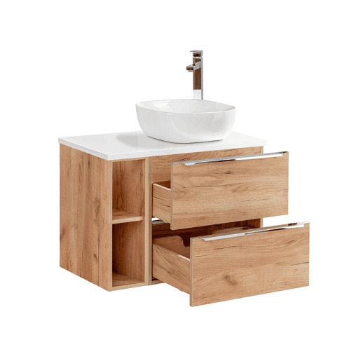 Conjunto móvel lavatório simples 80cm 2 nichos e coluna April Madeira e Branco Conjunto móvel lavatório simples 80cm 2 nichos e coluna April Madeira e Branco
