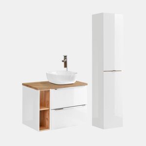 Conjunto móvel lavatório individual 80cm 2 nichos e coluna April Branco e Madeira