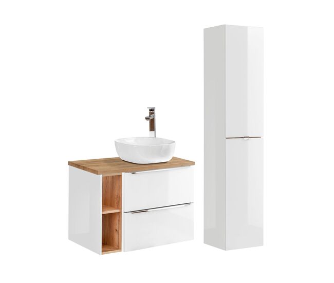 Conjunto mueble lavabo individual 80cm 2 nichos y columna april blanco y madera