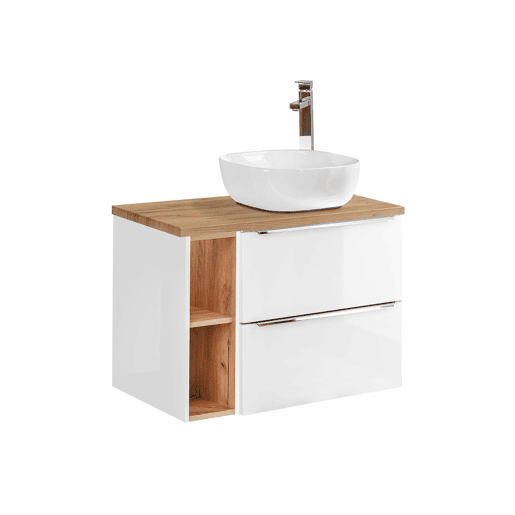 Conjunto móvel lavatório individual 80cm 2 nichos e coluna April Branco e Madeira