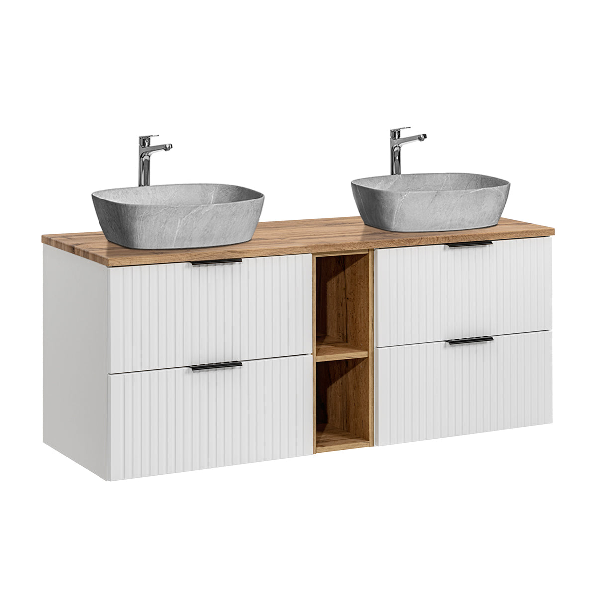 Mueble doble lavabo efecto piedra 140 cm 2 nichos adriel blanco