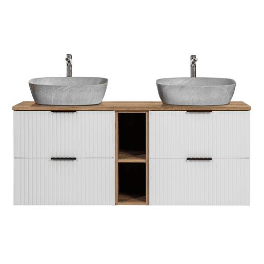 Móvel lavatório duplo efeito pedra 140cm 2 nichos Adriel Branco