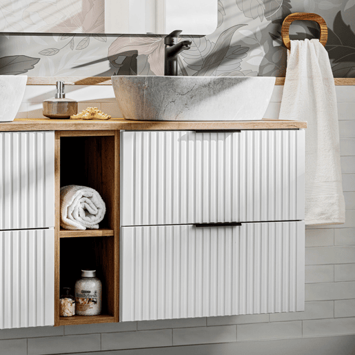 Móvel lavatório duplo efeito pedra 140cm 2 nichos Adriel Branco