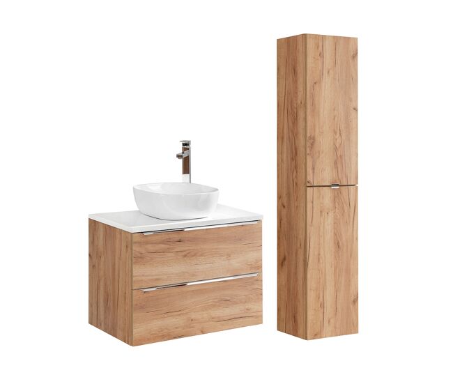 Conjunto mueble lavabo individual 80cm y columna april madera y blanco