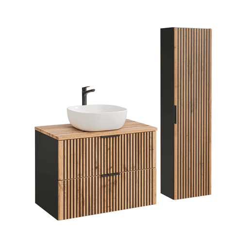 Conjunto Móvel Lavatório Individual 80cm e Coluna Gaia Madeira e Preto