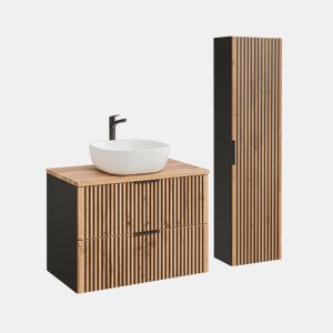 Conjunto Móvel Lavatório Individual 80cm e Coluna Gaia Madeira e Preto
