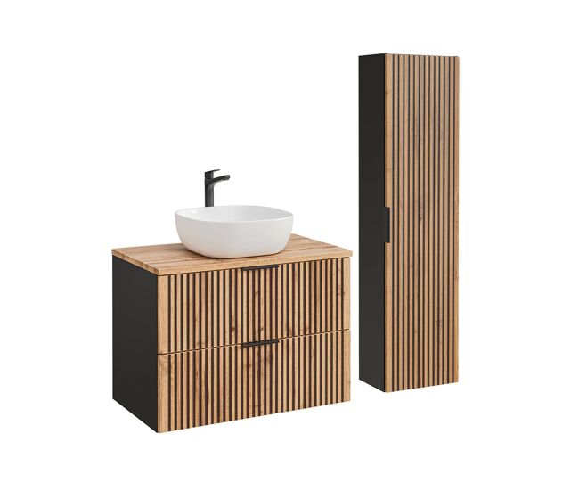 Conjunto mueble lavabo individual 80cm y columna gaia madera y negro