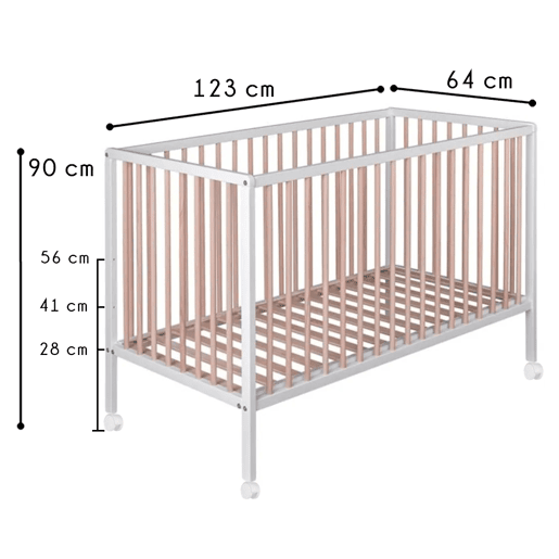 Cama de grades Laponia com estrado de ripas de faia + 4 rodas + kit co-sleeping incluído Cama de grades Laponia com estrado de ripas de faia + 4 rodas + kit co-sleeping incluído