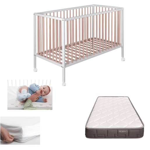 Berço de bebé Laponia com base de cama de ripas de faia, colchão Morfeo, protetor de colchão e 4 rodas Berço de bebé Laponia com base de cama de ripas de faia, colchão Morfeo, protetor de colchão e 4 rodas